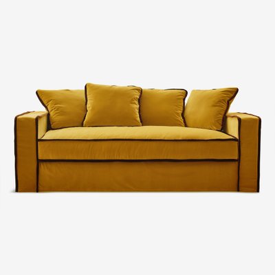 Rafaella Two-Seater Sofa in Mustard Yellow Velvet with Dark Red