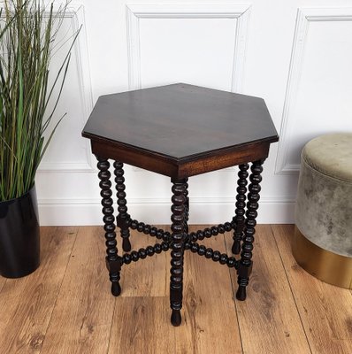 Antique Italian Hexagonal Black Walnut Side Table with Bobbin