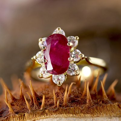 Modern French Ruby Diamond 18 Karat Yellow Gold Flower Ring
