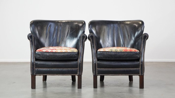 Set of Black Armchairs with Reversible Kilim Seat Cushion for sale - Main Image