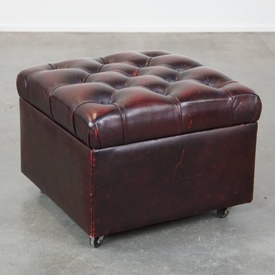 Red Leather Chesterfield Ottoman on Wheels