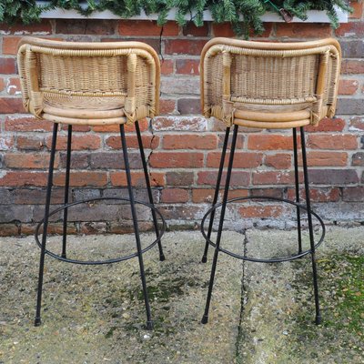 Vintage Cast Iron and Rattan Bar Stools, 1960s, Set of for sale