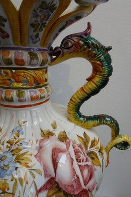Renaissance Style Hand-Painted Majolica Vase with Flowers and