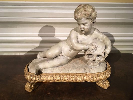 Memento Mori Child Skull Figure Sculpture, Faux White Marble, Late