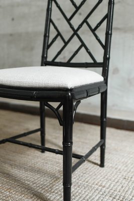 Chippendale-Style Faux Bamboo Black Lacquered Chairs, 1970s, Set of
