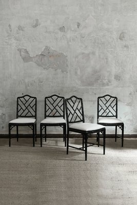 Chippendale-Style Faux Bamboo Black Lacquered Chairs, 1970s, Set