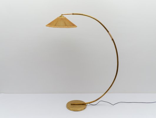 Mid-Century Modern Brass Rattan Arc Floor Lamp, Italy, 1950s for