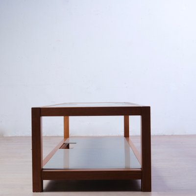 Low TV Stand Coffee Table in Cherry Wood and Glass, 1980s for sale
