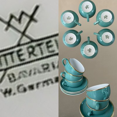 Vintage Coffee Cups in Turquoise Green Porcelain with Gold