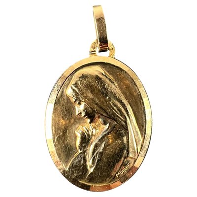 French Virgin Mary Oval 18k Yellow Gold Pendant Medal from Monier
