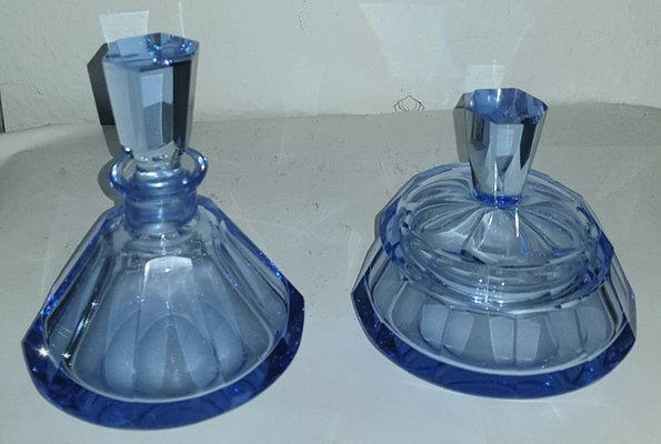 blue glass dressing table set Rare Blue Bohemian Etched Glass Vanity Bottle Dressing Table Set  Egermann Style
