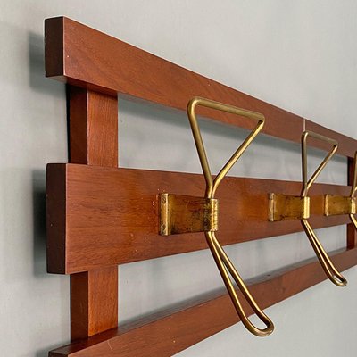 Mid-Century Italian Modern Wood and Brass Wall Coat Hanger, 1960s