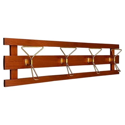 Mid-Century Italian Modern Wood and Brass Wall Coat Hanger, 1960s