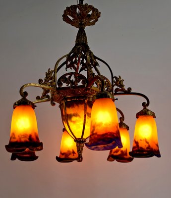 Art Deco Gilded Bronze and Blown Glass Chandelier from