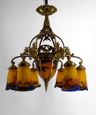 Art Deco Gilded Bronze and Blown Glass Chandelier from Muller