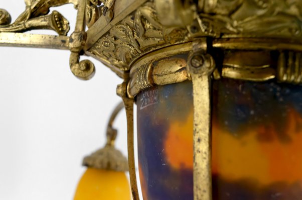 Art Deco Gilded Bronze and Blown Glass Chandelier from