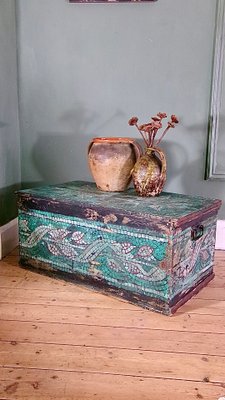 Vintage Painted Pine Blanket Box with Mosaic Design for sale at Pamono
