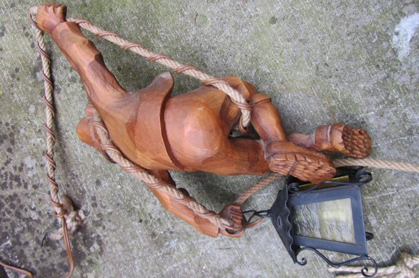 Vintage Carved Wooden Pendant Lamp Mountain Climber & Lantern in