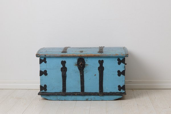 Antique Swedish Folk Art Pine and Wrought Iron Trunk, Mid-19th