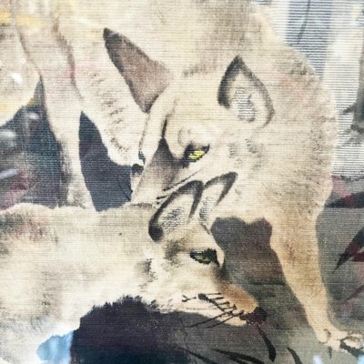 Antique Japanese Silk Tapestry with 5 Foxes in Bamboo Forest