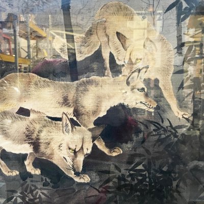 Antique Japanese Silk Tapestry with 5 Foxes in Bamboo Forest