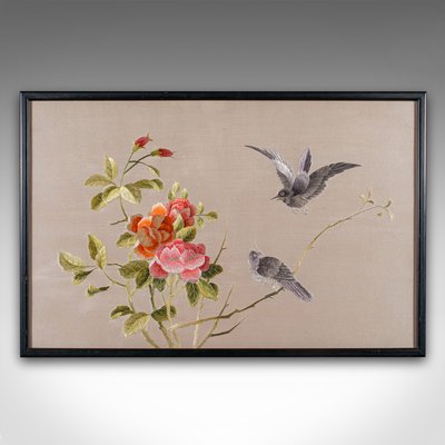 絵画 vintage ART Vintage Japanese Art Deco Silk Embroidery with Bird Scene