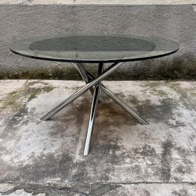 Italian Round Satin Glass Top Tripod Table with Chrome Base Italian Round Satin Glass Top Tripod Table with Chrome Base