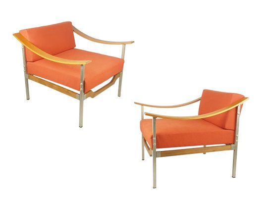 Set of Teak, Metal and Coral Fabric Armchairs, 1960s