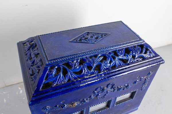 Small French Art Deco Blue Enamelled Coal Stove, 1890s for sale at