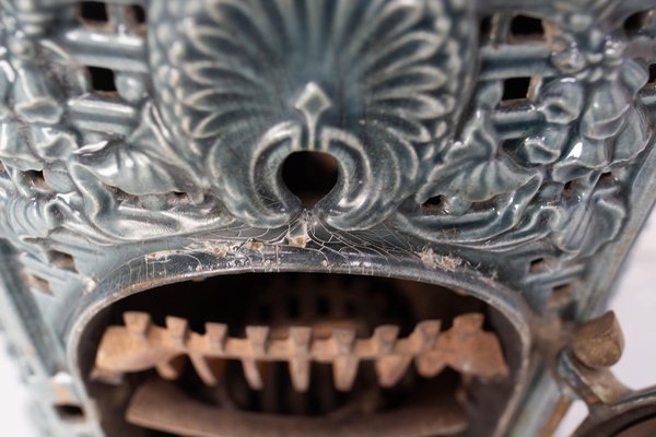 Small Antique French Art Deco Blue Enamelled Coal Stove, 1890s for