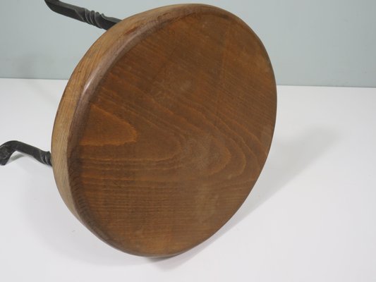 3-Legged Stool with Thick Oak Seat and Wrought Iron Base