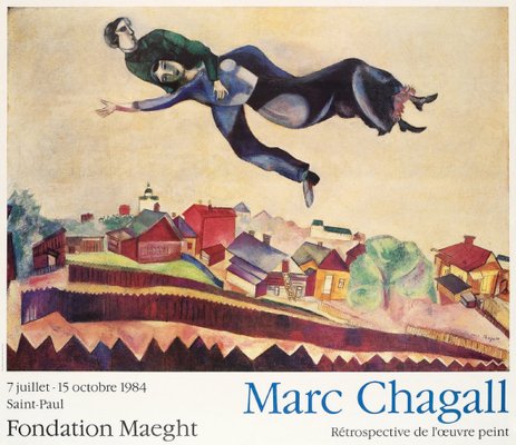 【中古】Marc Chagall ポスター Marc Chagall, Couple Above the City Poster, 1989, Screen Print for