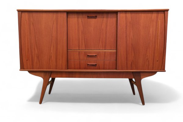Danish Highboard in Teak with Bar Cabinet and Slanted Legs, 1960s