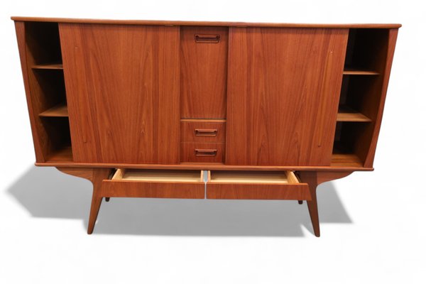 Danish Highboard in Teak with Bar Cabinet and Slanted Legs, 1960s