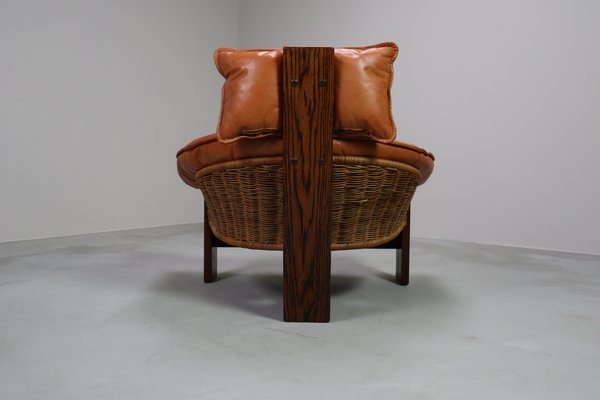 Vintage Tripod Lounge Chair in Leather, Rattan and Oak