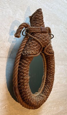 Oval Rope and Leather Mirror by Audoux & Minet for sale at Pamono