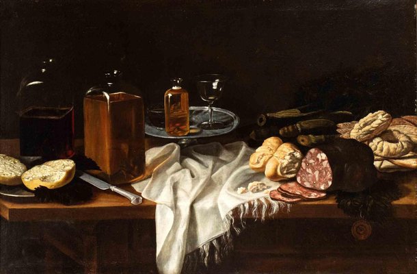 Unknown, Still Life with Salami, Bread, Biscuits and Glass Bottles