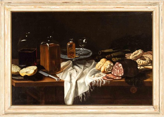 Unknown, Still Life with Salami, Bread, Biscuits and Glass Bottles