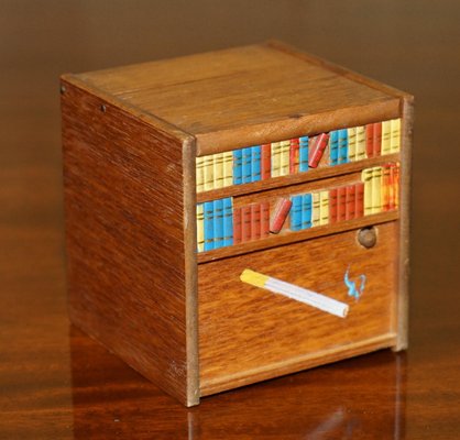 music box cigarette dispenser with dog Miniature Folk Art Cigarette and Cigar Dispenser, 1970s