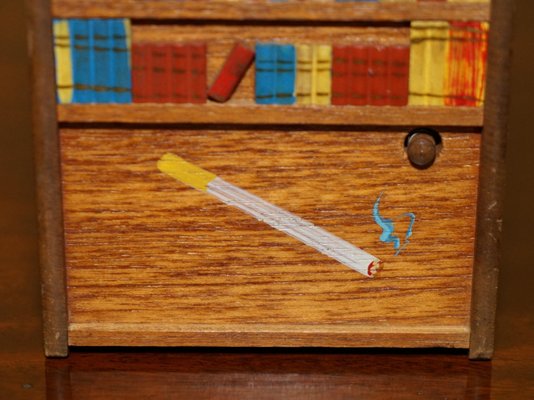 music box cigarette dispenser with dog Miniature Folk Art Cigarette and Cigar Dispenser, 1970s