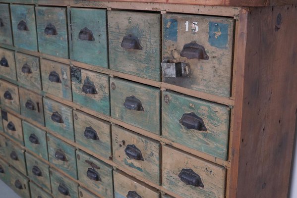 Large Industrial French Painted Pine Hardware Store Cabinet, 1950s