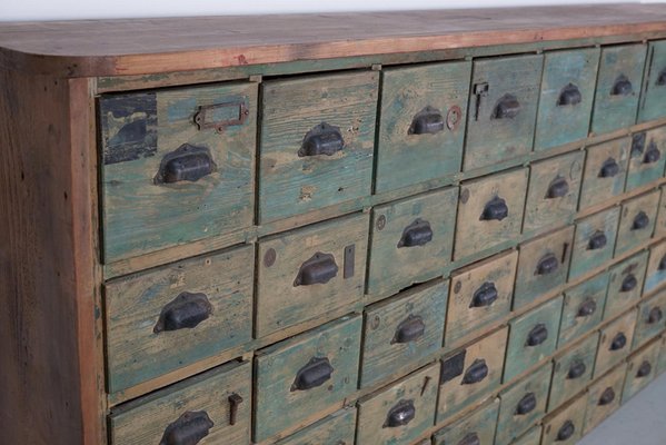Large Industrial French Painted Pine Hardware Store Cabinet, 1950s