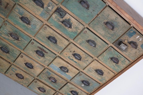 Large Industrial French Painted Pine Hardware Store Cabinet, 1950s