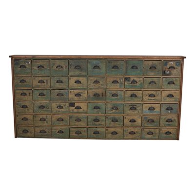 Large Industrial French Painted Pine Hardware Store Cabinet, 1950s