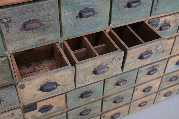 Large Industrial French Painted Pine Hardware Store Cabinet, 1950s
