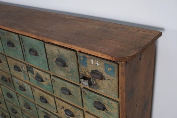 Large Industrial French Painted Pine Hardware Store Cabinet, 1950s