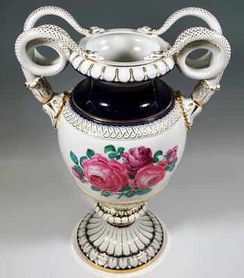 Meissen Snake Handle Vase with Flower Boquet Painting attributed