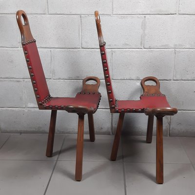 Set of Spanish Brutalist Chair in Wood & Red Leather, 1960s for
