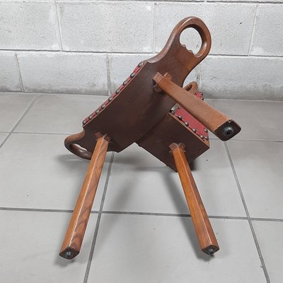 Set of Spanish Brutalist Chair in Wood & Red Leather, 1960s for