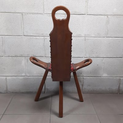 Set of Spanish Brutalist Chair in Wood & Red Leather, 1960s for